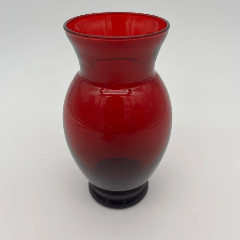 Vintage Ruby Red Glass Vase Urn Shape Flared Rim Pedestal Base Decorative Vessel